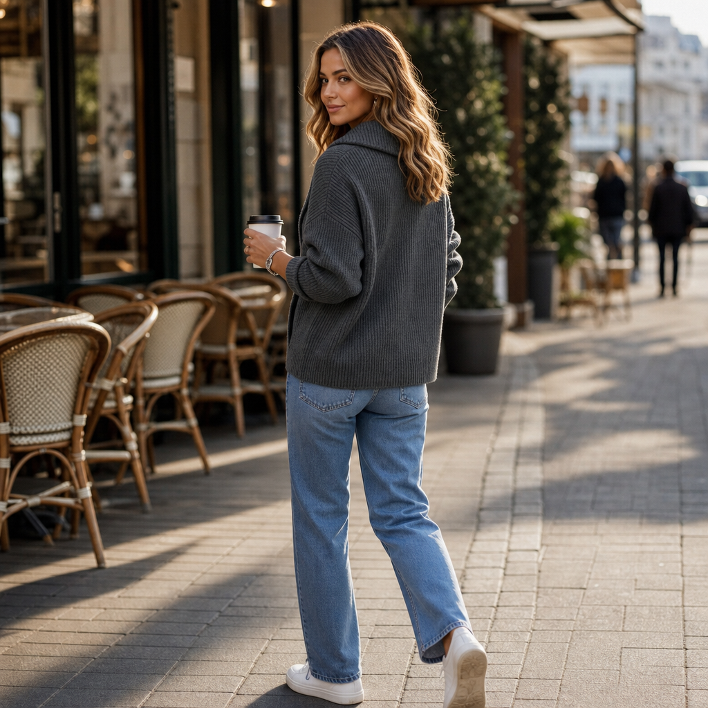Diagonal Zip Oversized Collar Ribbed Knit Jacket