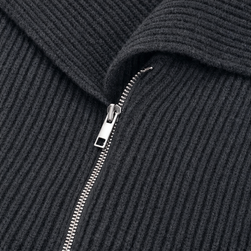 Diagonal Zip Oversized Collar Ribbed Knit Jacket