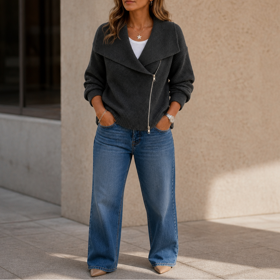 Diagonal Zip Oversized Collar Ribbed Knit Jacket