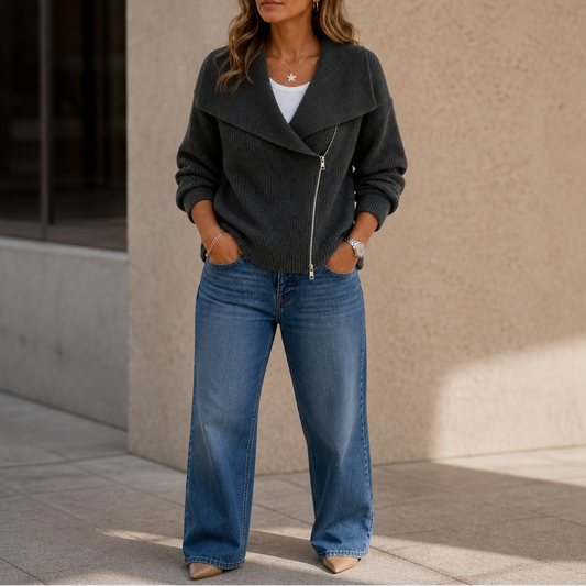 Dark gray diagonal-zip oversized collar ribbed knit jacket with long sleeves