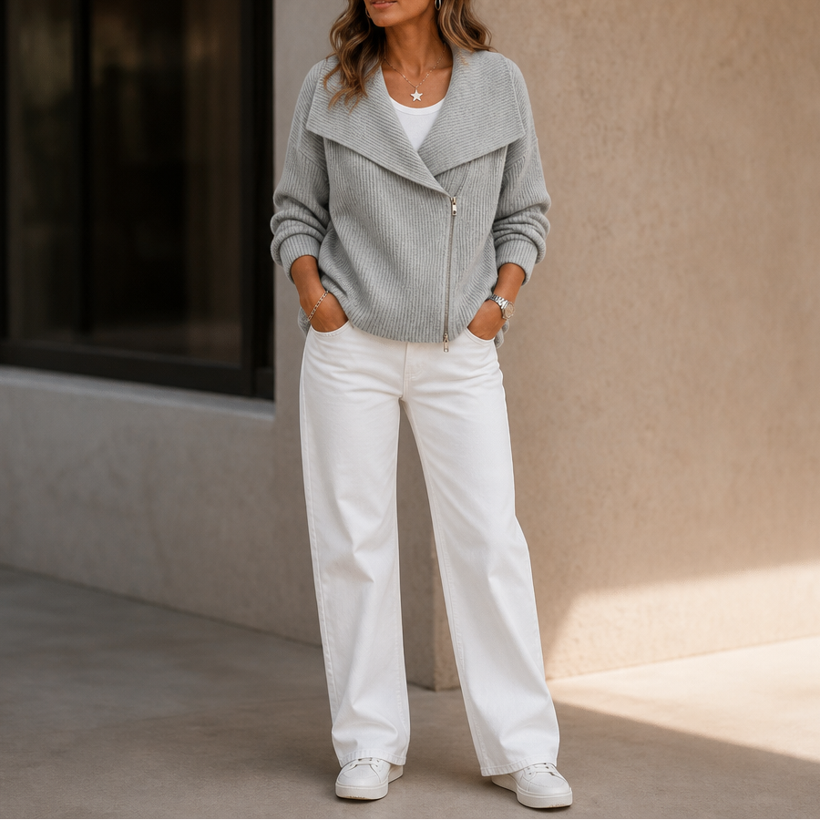 Diagonal Zip Oversized Collar Ribbed Knit Jacket