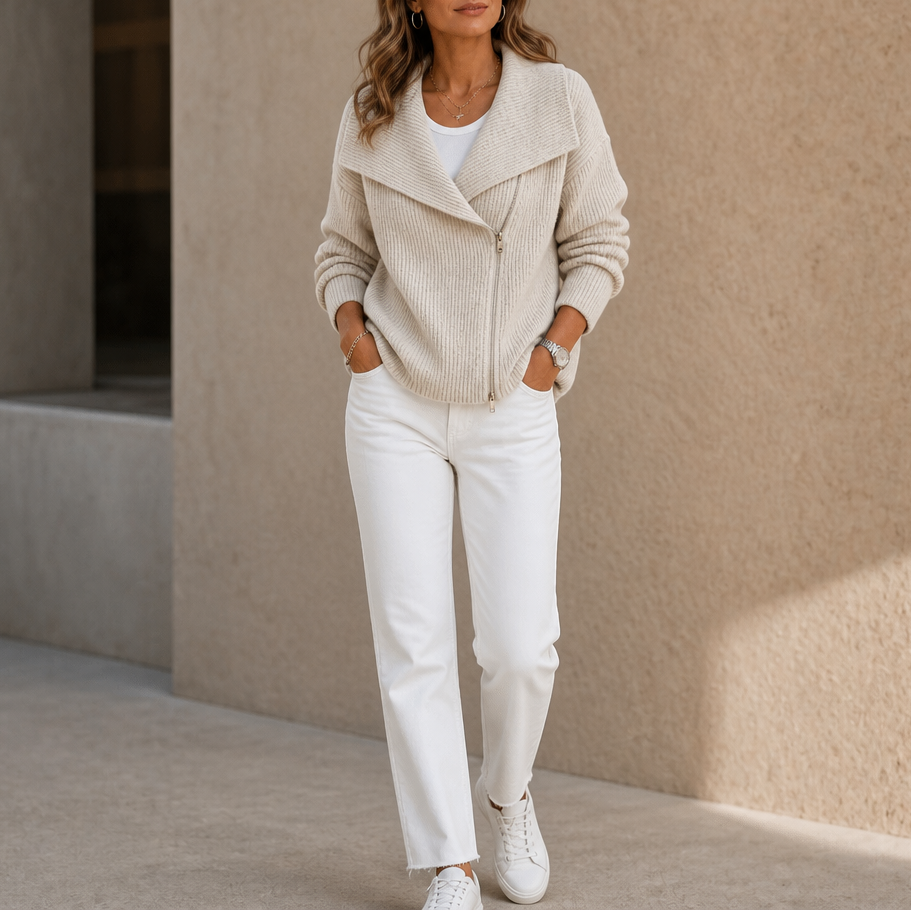 Diagonal Zip Oversized Collar Ribbed Knit Jacket