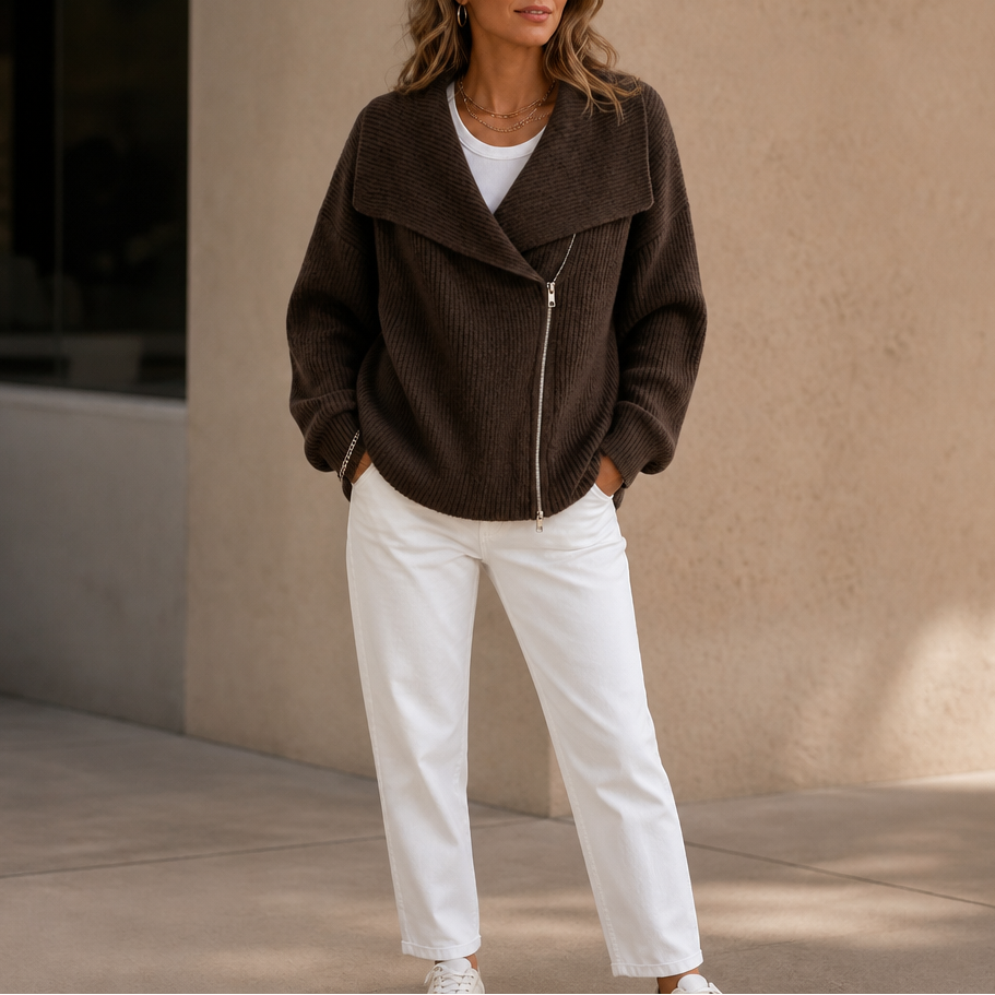 Diagonal Zip Oversized Collar Ribbed Knit Jacket