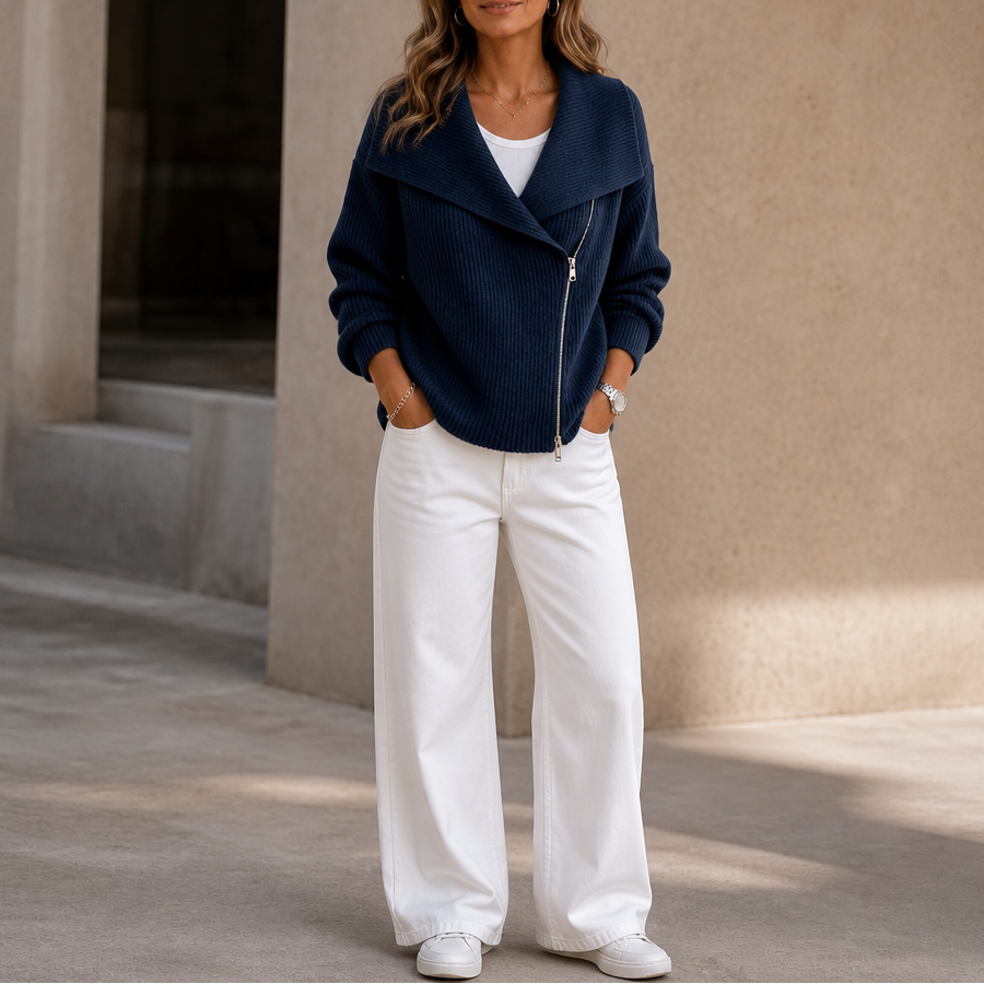 Diagonal Zip Oversized Collar Ribbed Knit Jacket