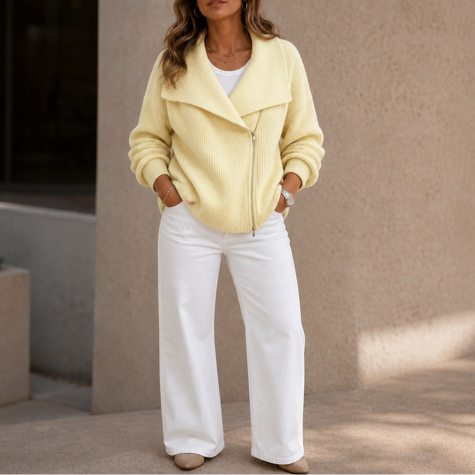 Diagonal Zip Oversized Collar Ribbed Knit Jacket