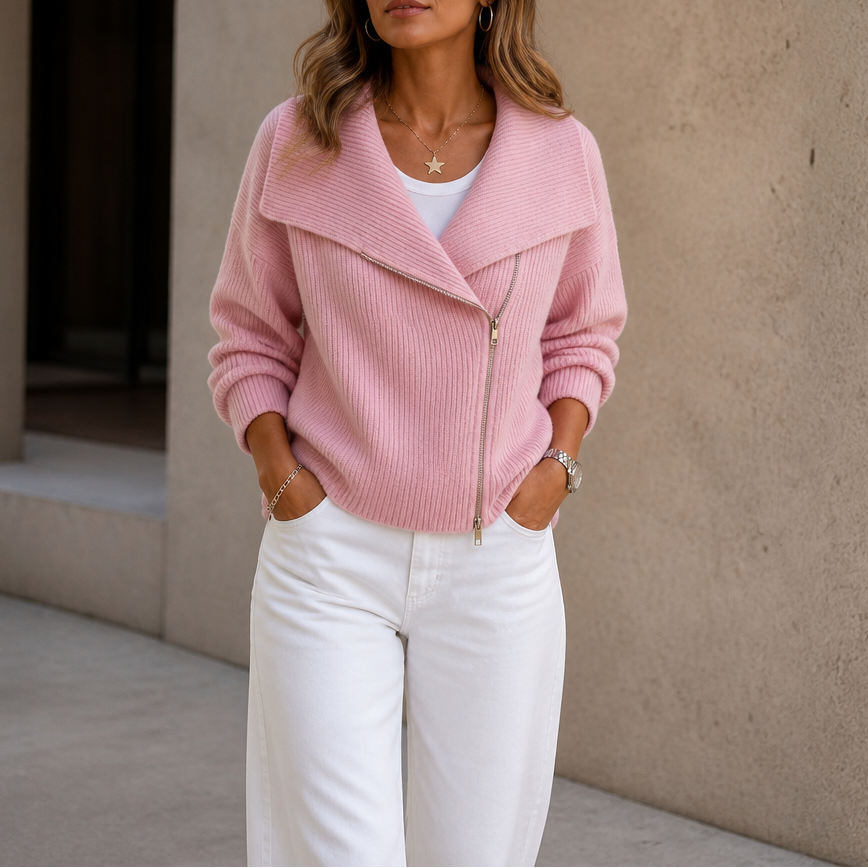 Diagonal Zip Oversized Collar Ribbed Knit Jacket