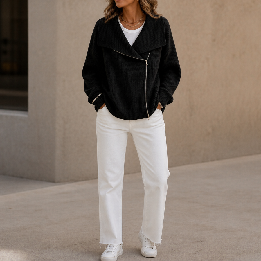 Diagonal Zip Oversized Collar Ribbed Knit Jacket