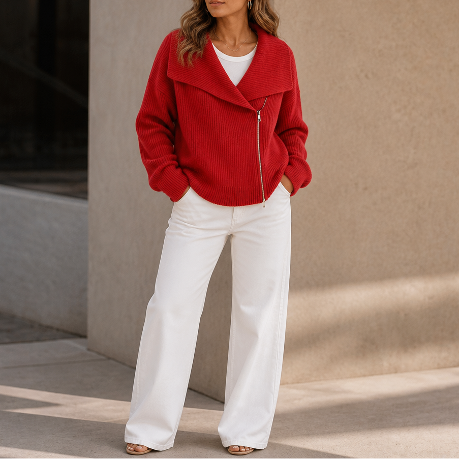 Diagonal Zip Oversized Collar Ribbed Knit Jacket