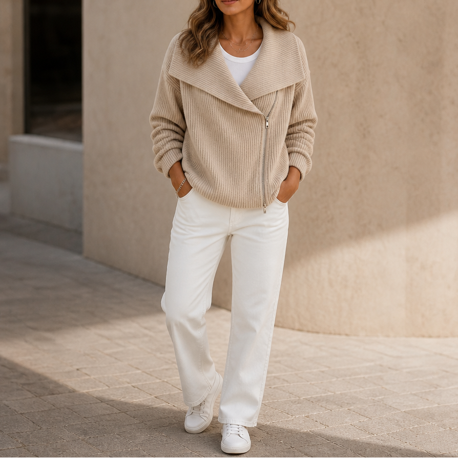 Diagonal Zip Oversized Collar Ribbed Knit Jacket