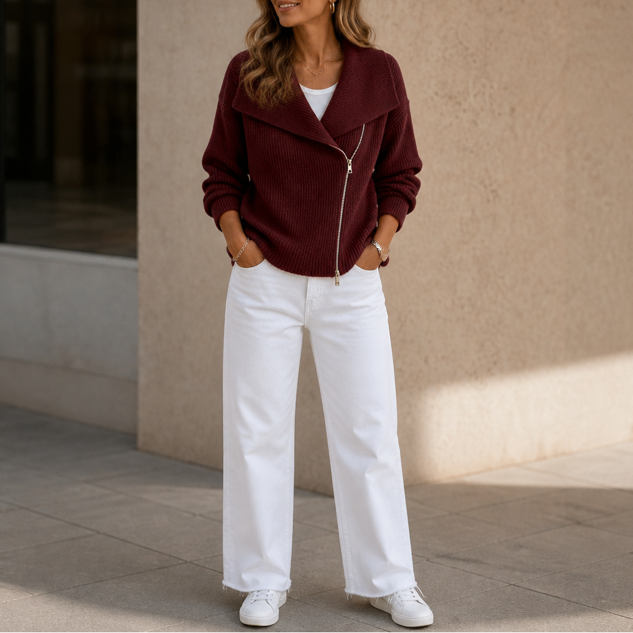 Diagonal Zip Oversized Collar Ribbed Knit Jacket
