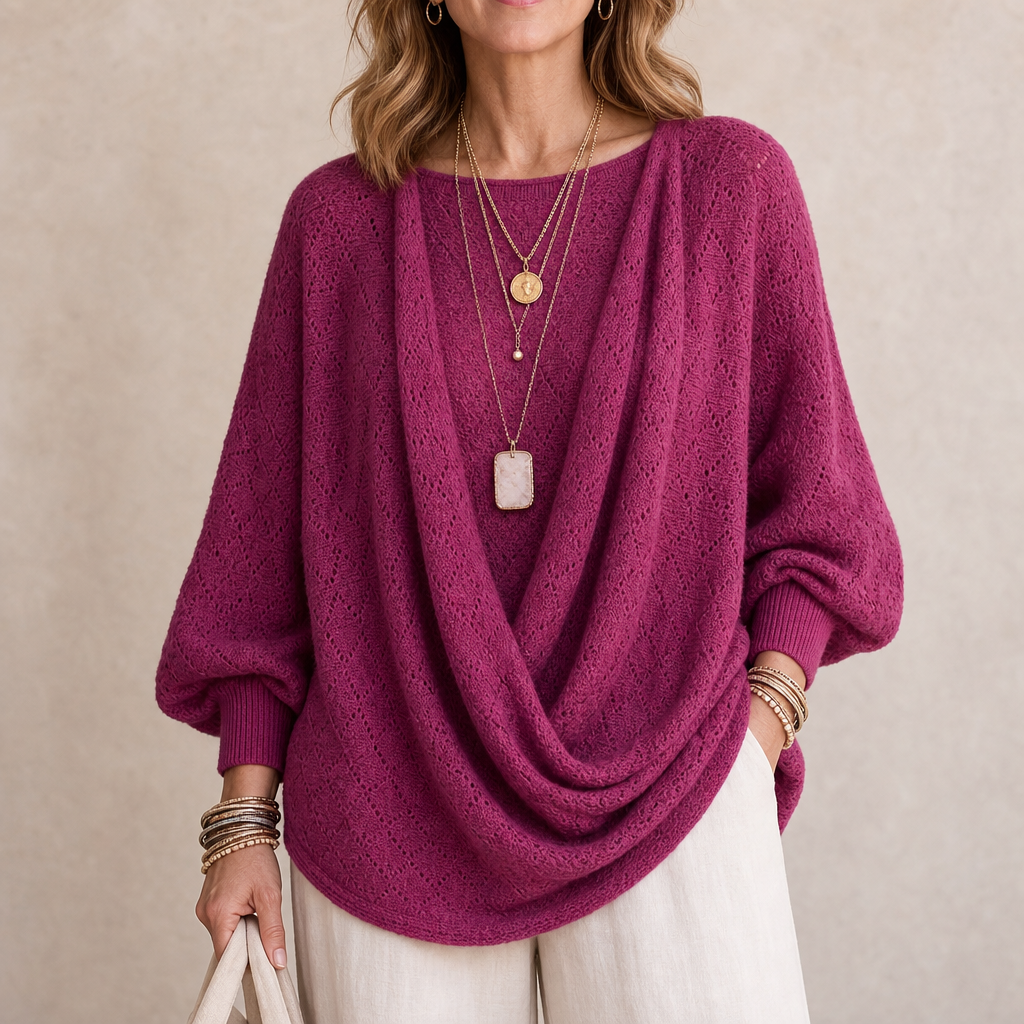 Women’s cowl-neck openwork knit top in purplish-red, long dolman sleeves, draped hem