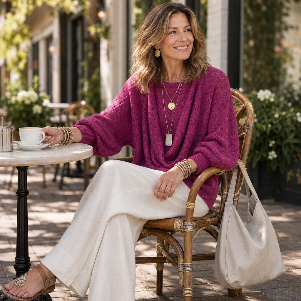Women’s purplish-red cowl-neck openwork knit top, relaxed fit, wide sleeves