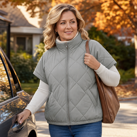 Grey diamond-quilted vest with full zipper and sleeveless shoulder coverage