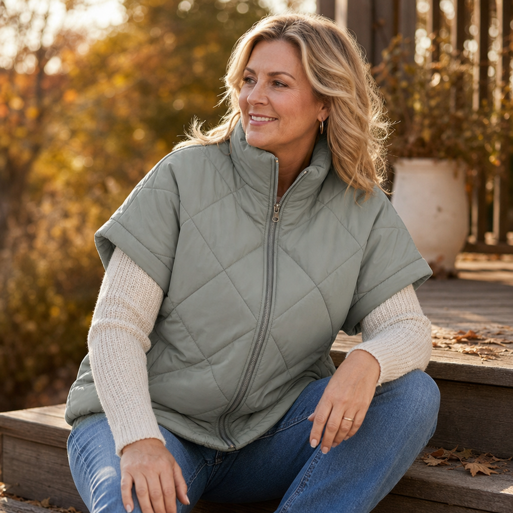 Grey diamond-quilted vest with stand collar and full-zip front
