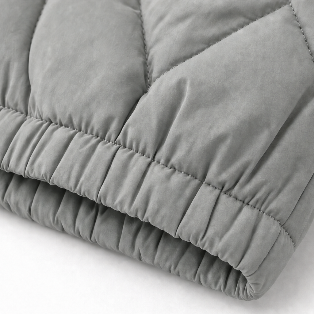 Grey diamond-quilted vest hem detail with gathered, elasticated band