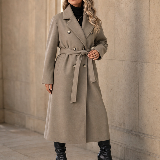 Double-Breasted Belted Long Coat