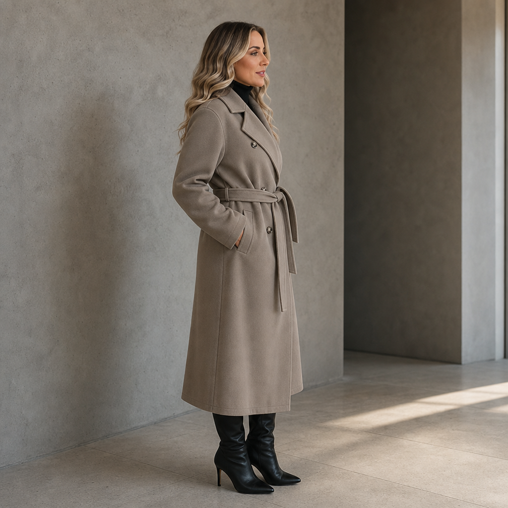 Double-Breasted Belted Long Coat