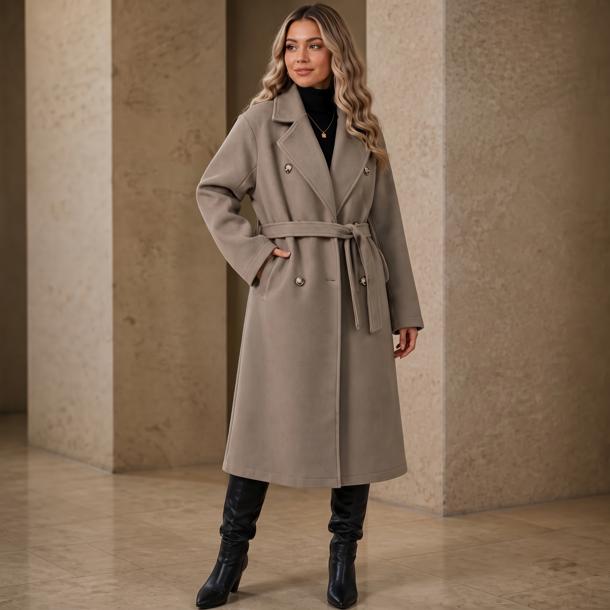 Double-Breasted Belted Long Coat