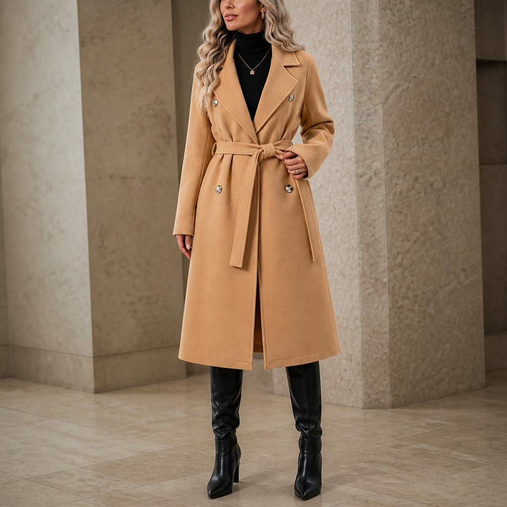 Double-Breasted Belted Long Coat