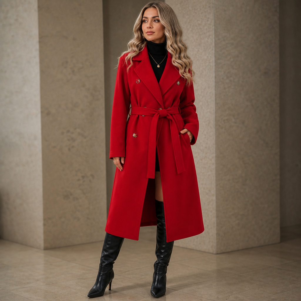 Double-Breasted Belted Long Coat