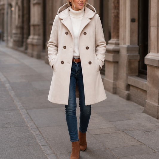 Beige double-breasted hooded peacoat with buttoned front and large lapels