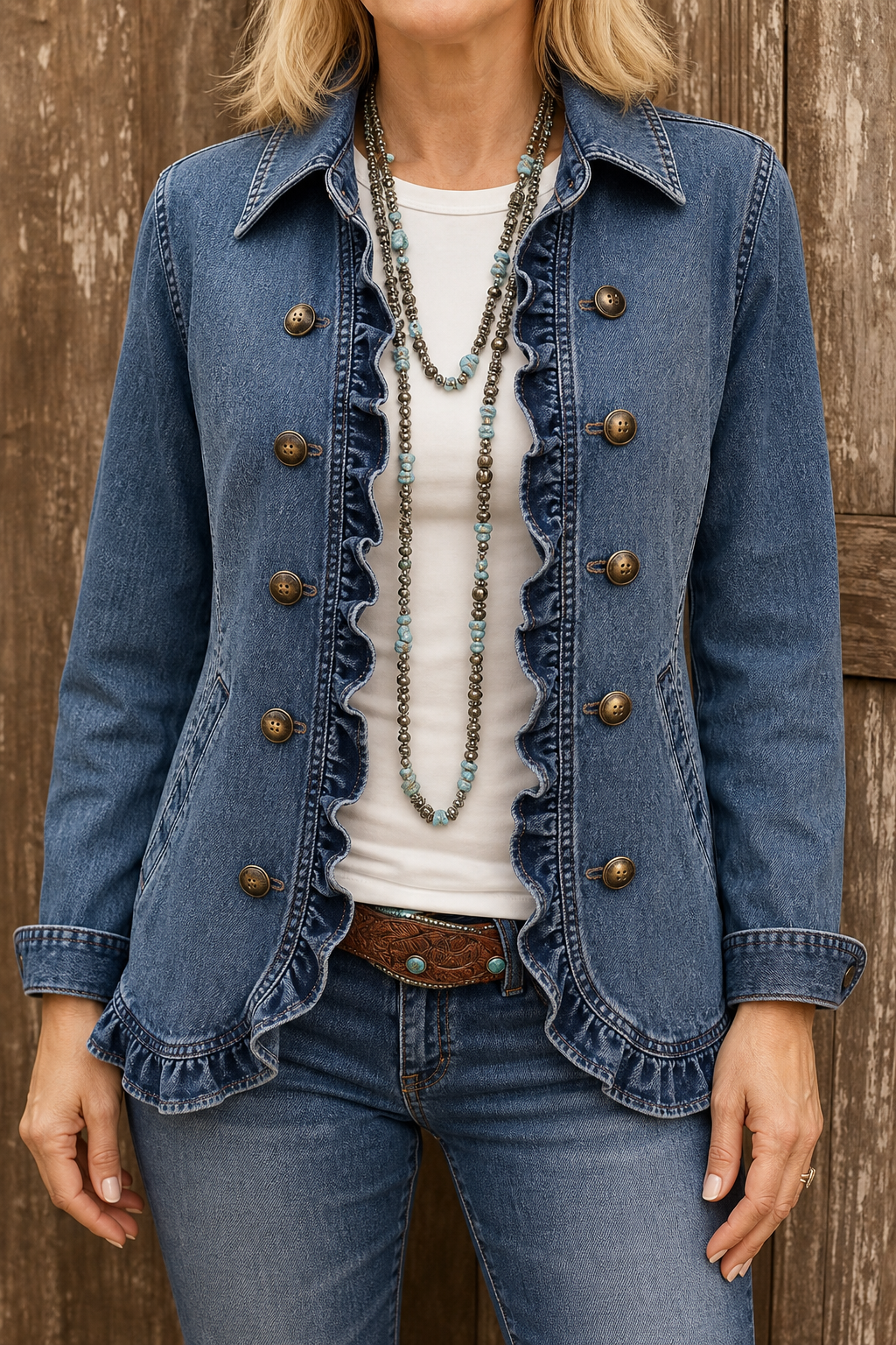 Double Breasted Ruffle Denim Jacket