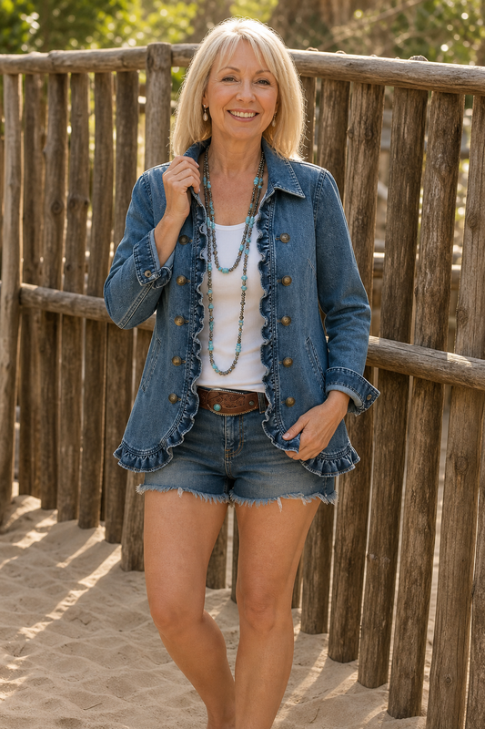 Blue denim ruffle-trim jacket, double-breasted front with round gold buttons