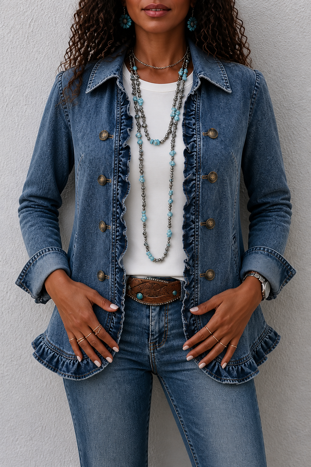 Double Breasted Ruffle Denim Jacket