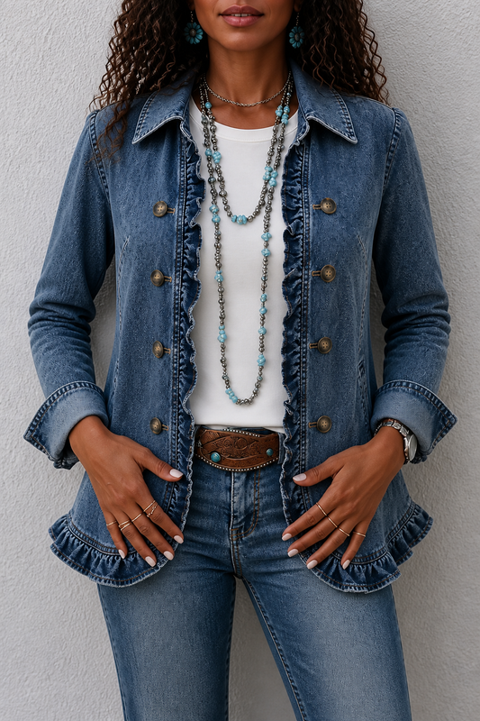 Blue double-breasted denim jacket with ruffled trim, button front, and cuffs