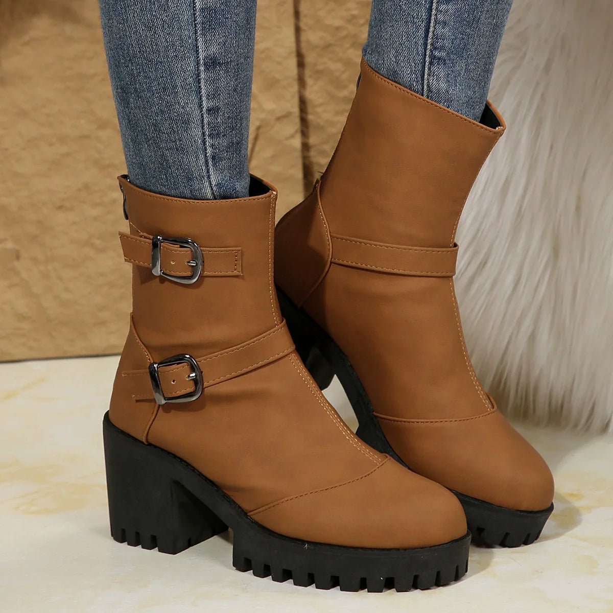 Brown double-buckle chunky-heel ankle boots with thick lug sole