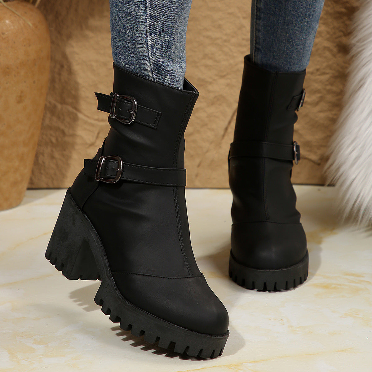Black double-buckle chunky-heel ankle boots with lug sole