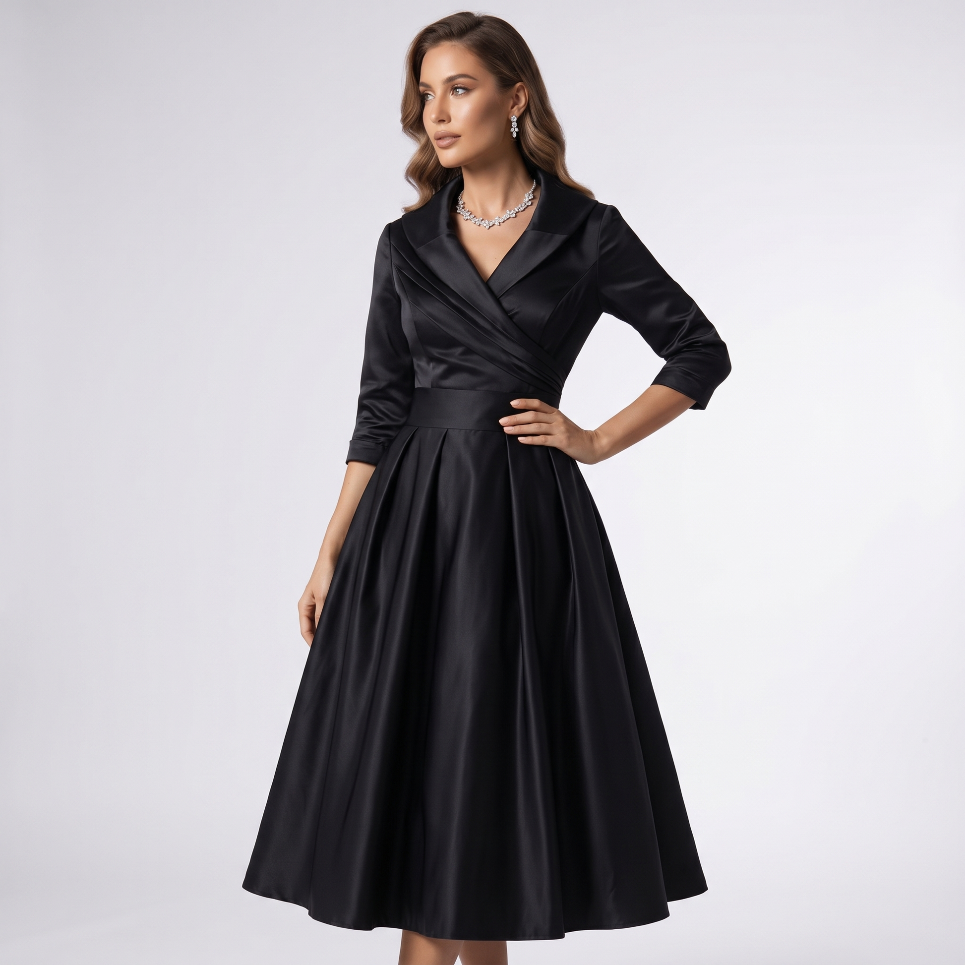 Black draped-collar A-line midi dress with 3/4 sleeves and wrap-style bodice
