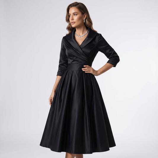 Black draped-collar A-line midi dress with 3/4 sleeves and wrap-style bodice