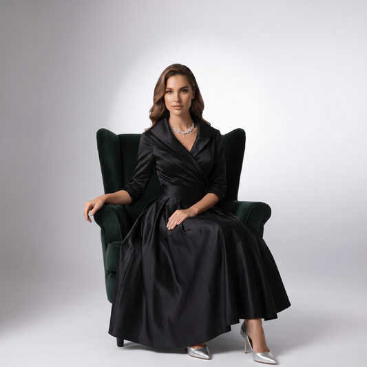 Black draped-collar A-line midi dress with satin finish, 3/4 sleeves and gathered waist