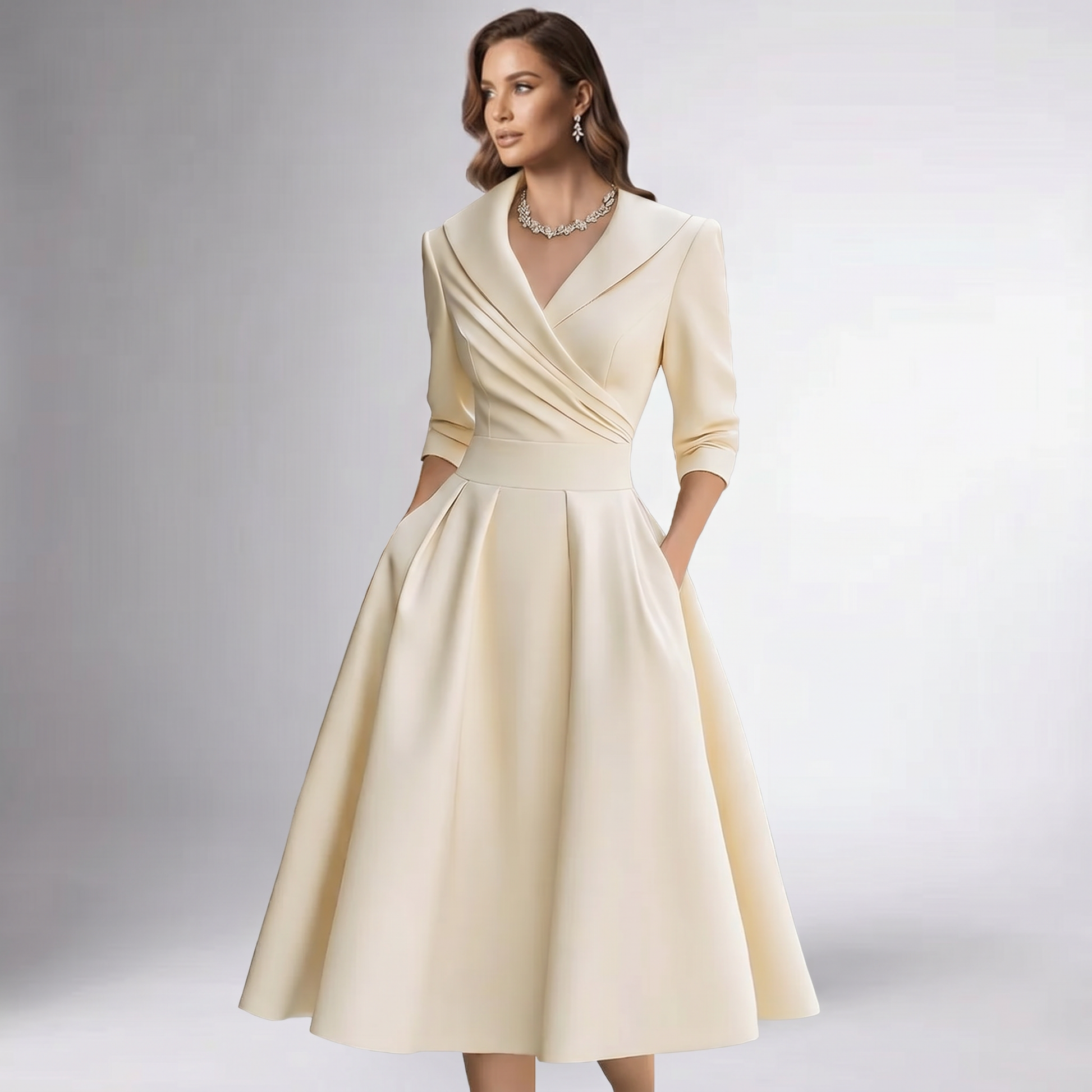 Beige draped-collar A-line midi dress with wrap V neckline and 3/4 sleeves