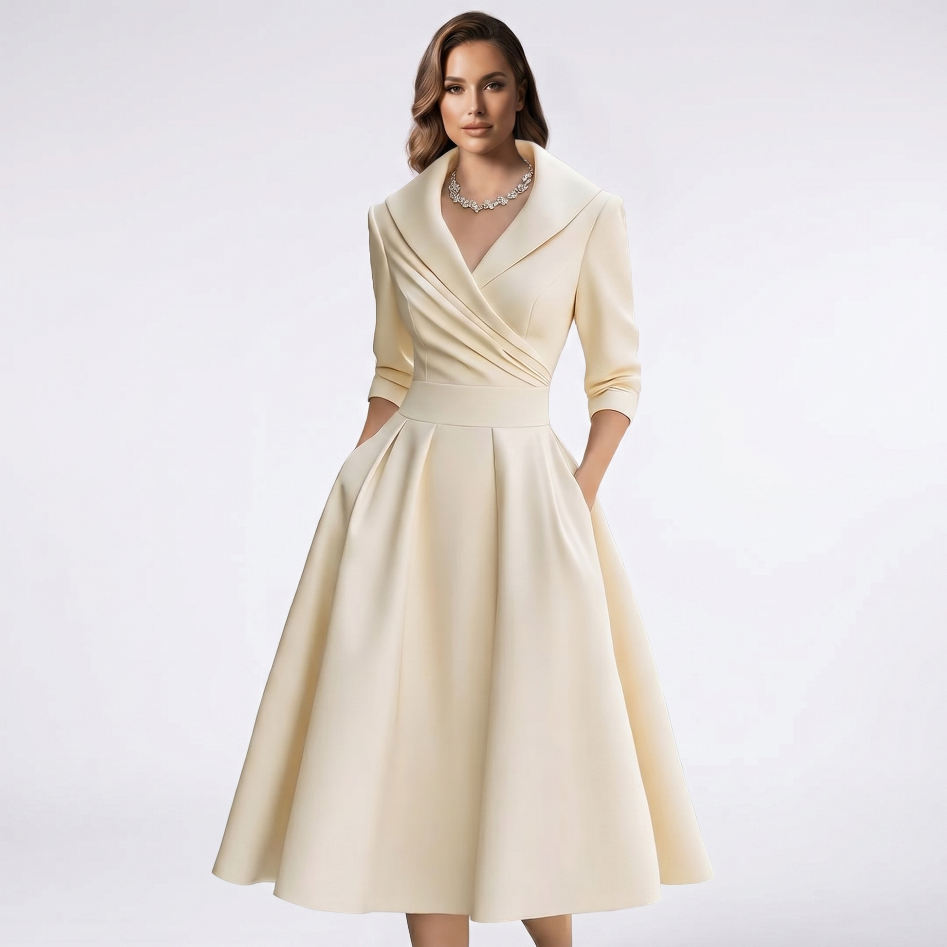 Beige draped-collar A-line midi dress with fitted waist and full pleated skirt
