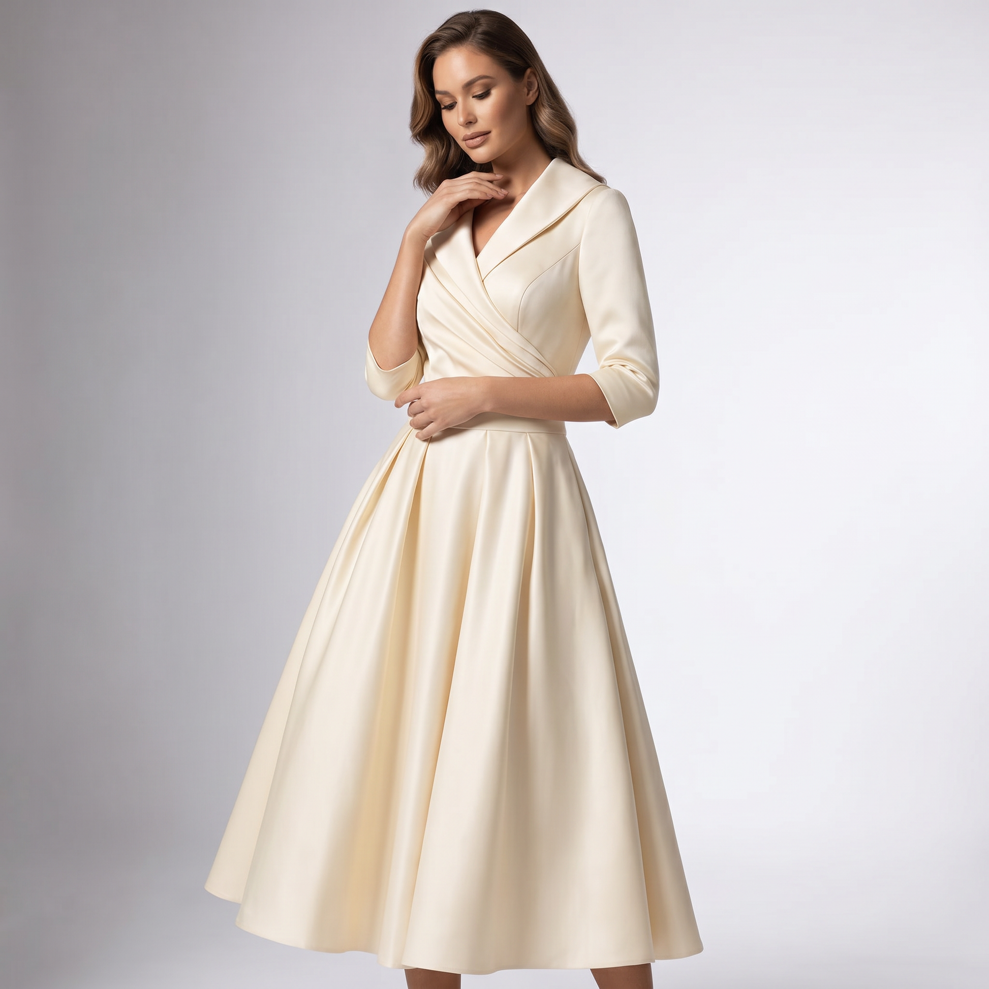 Beige draped-collar A-line midi dress with wrap bodice and flowing pleated skirt