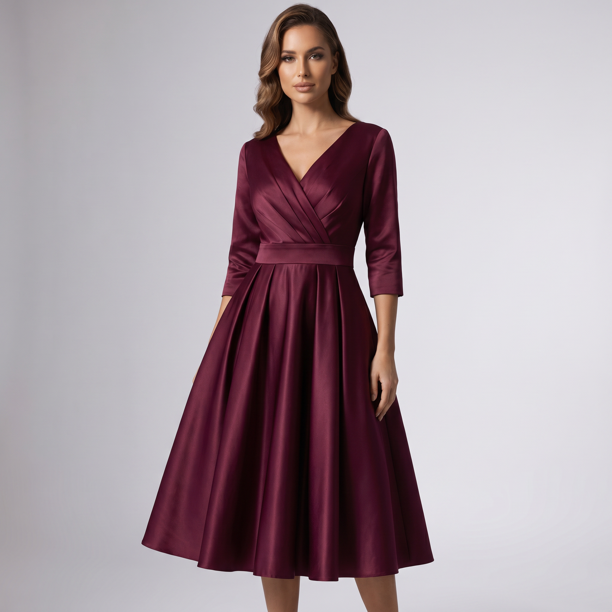 Wine draped-collar A-line midi dress with wrap V neckline and 3/4 sleeves