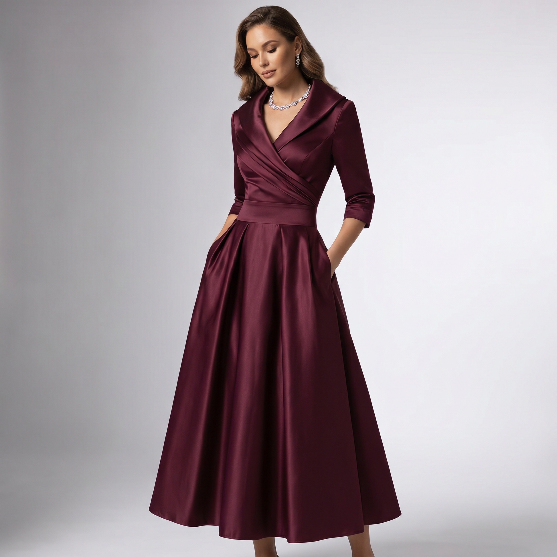 Wine draped-collar A-line midi dress with satin sheen, wrap bodice and pleated skirt