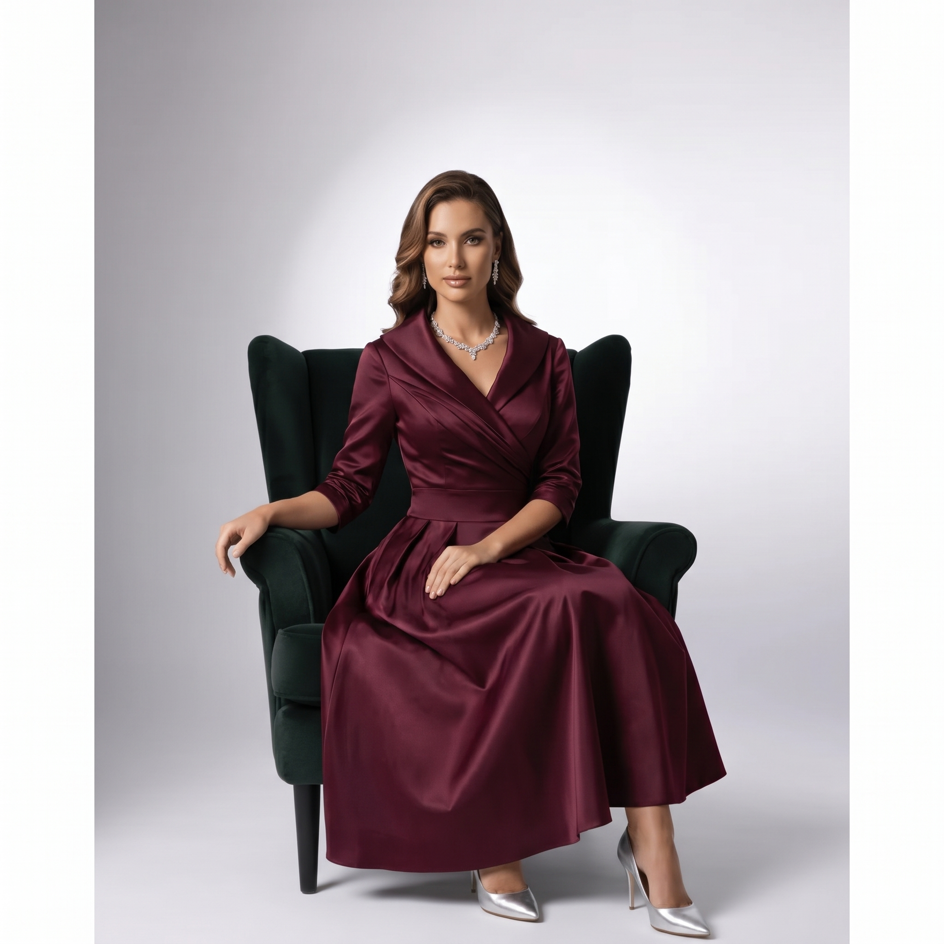 Wine draped-collar A-line midi dress with wrap neckline and gathered waist