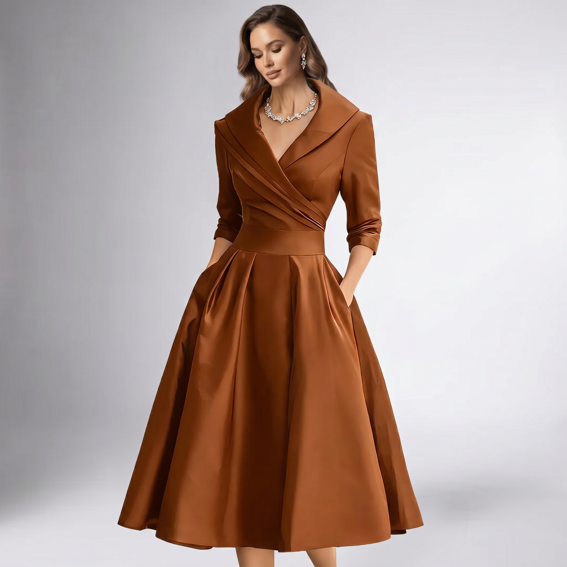 Orange draped-collar A-line midi dress with wrap V neckline and 3/4 sleeves