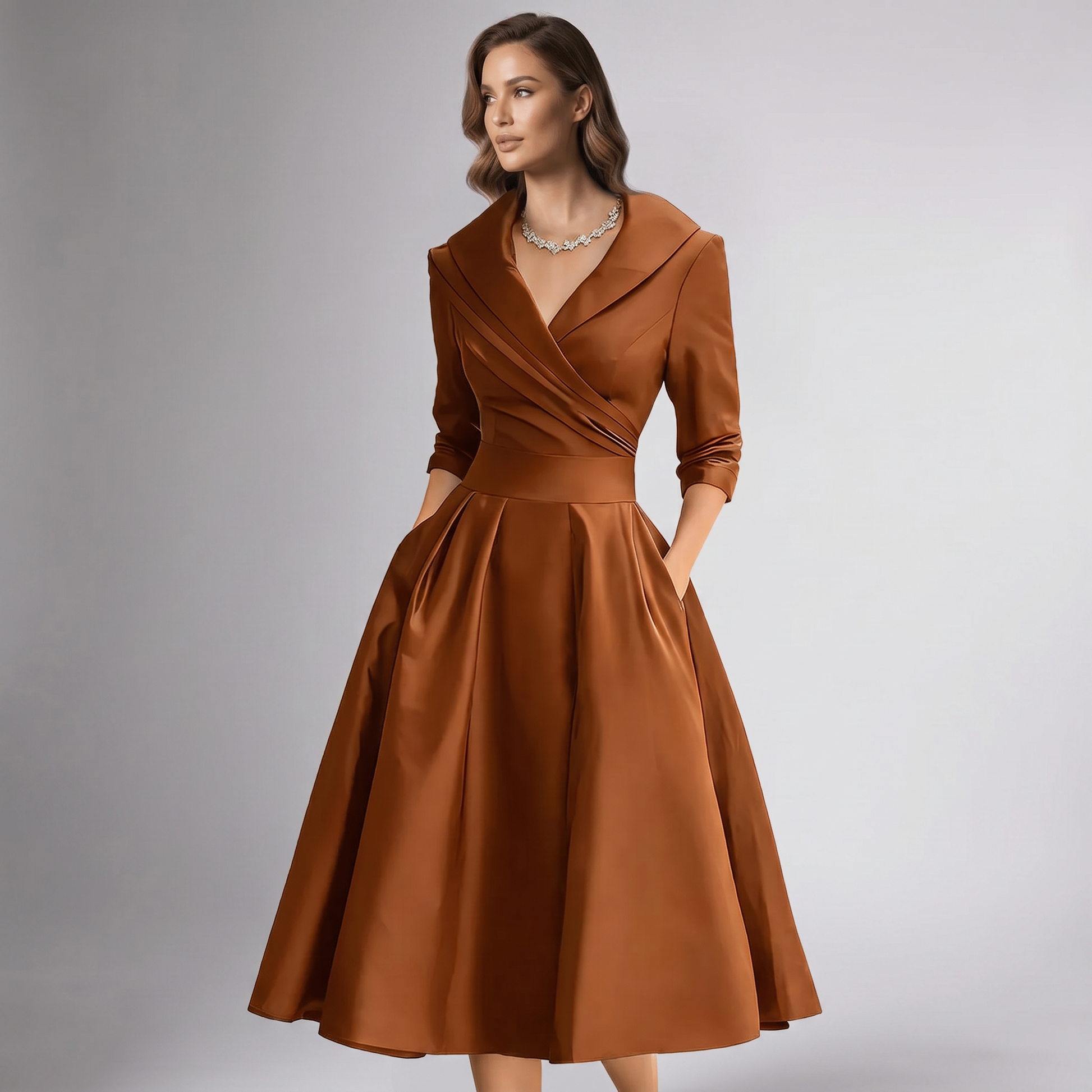 Orange draped-collar A-line midi dress with wrap bodice and three-quarter sleeves