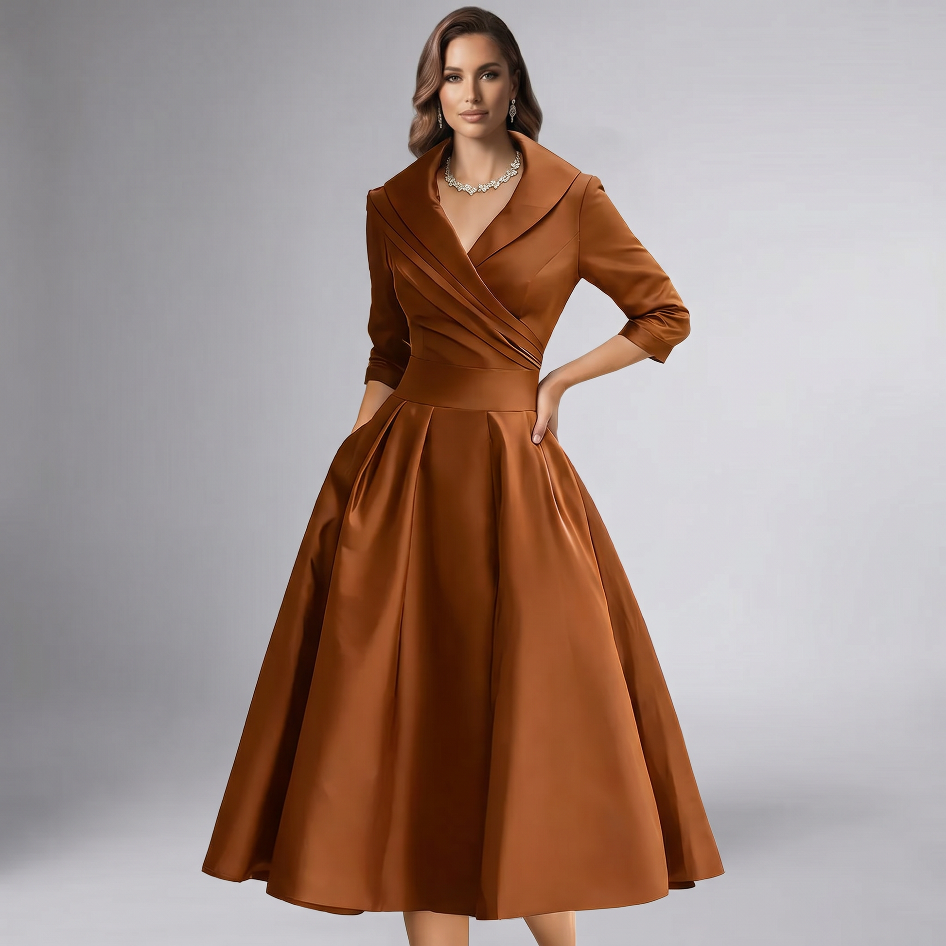 Orange draped-collar A-line midi dress with wrap bodice, belted waist, three-quarter sleeves