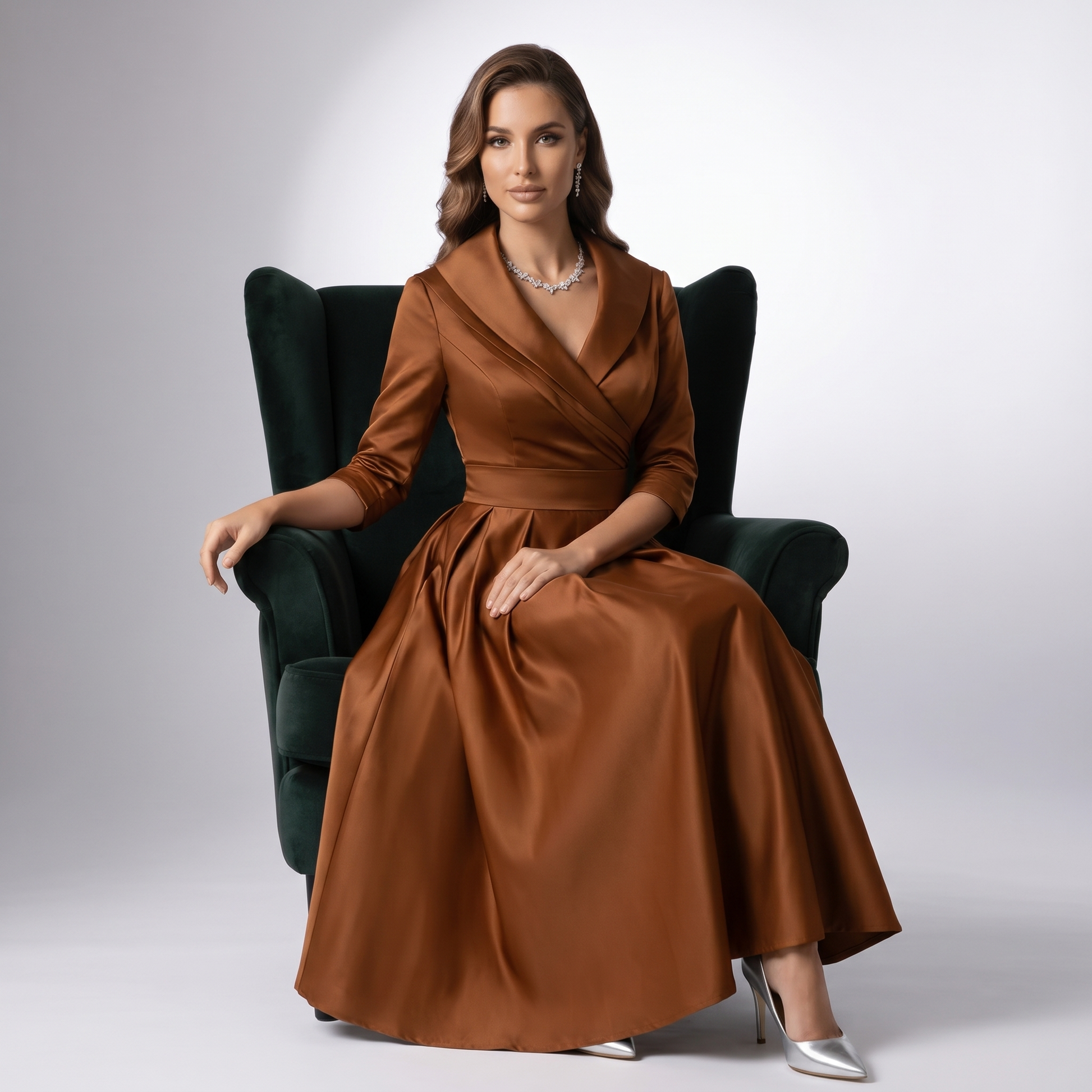 Orange draped-collar A-line midi dress with wrap bodice and flared skirt, worn seated