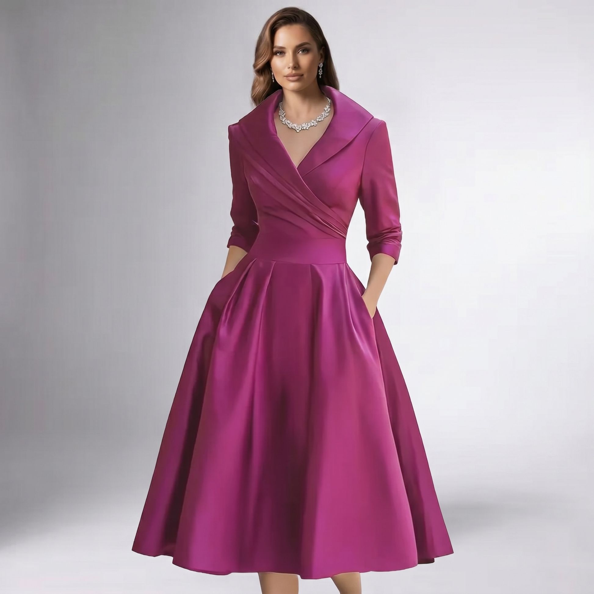 Fuchsia draped-collar A-line midi dress with wrap bodice and three-quarter sleeves