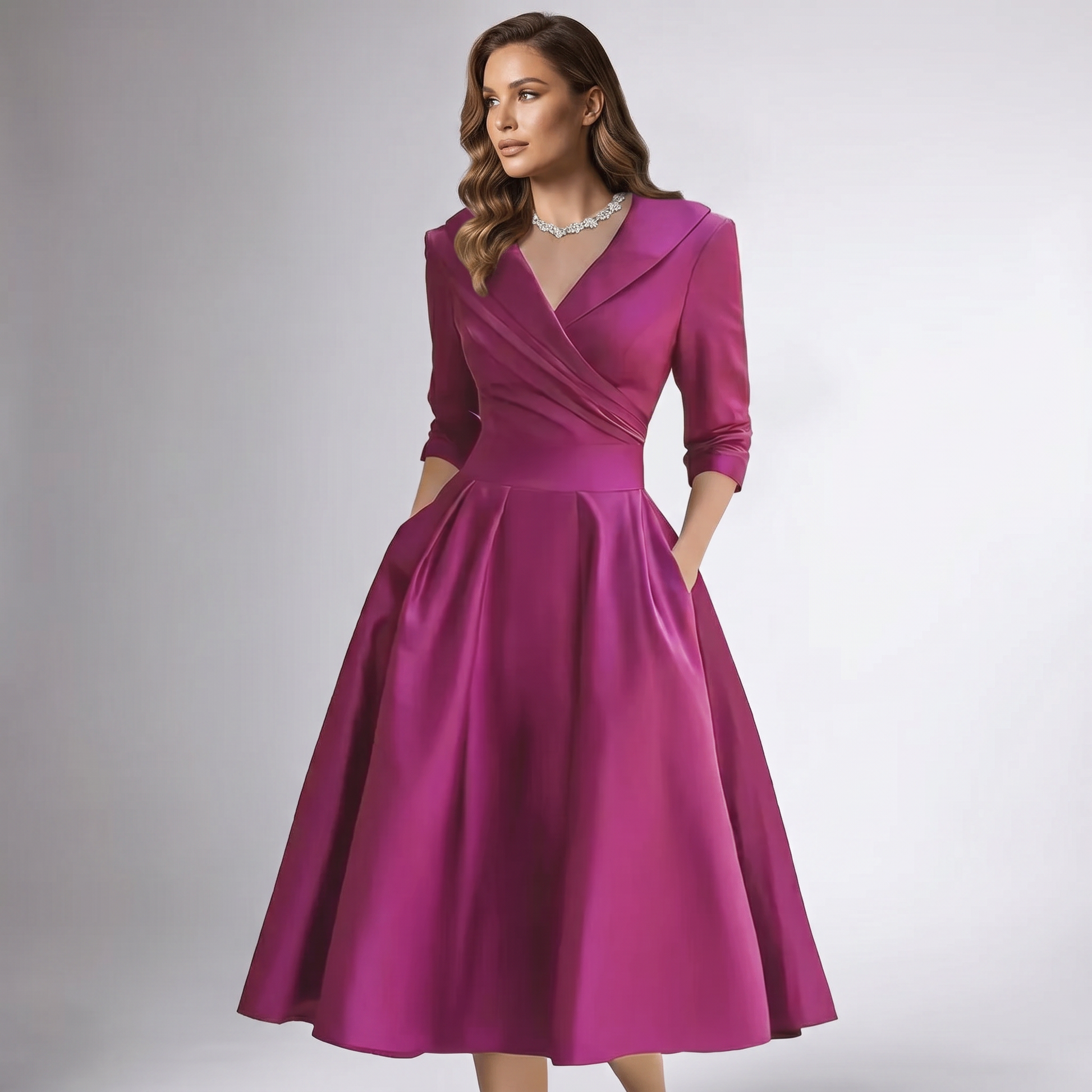 Fuchsia draped-collar A-line midi dress with wrap bodice and gathered skirt