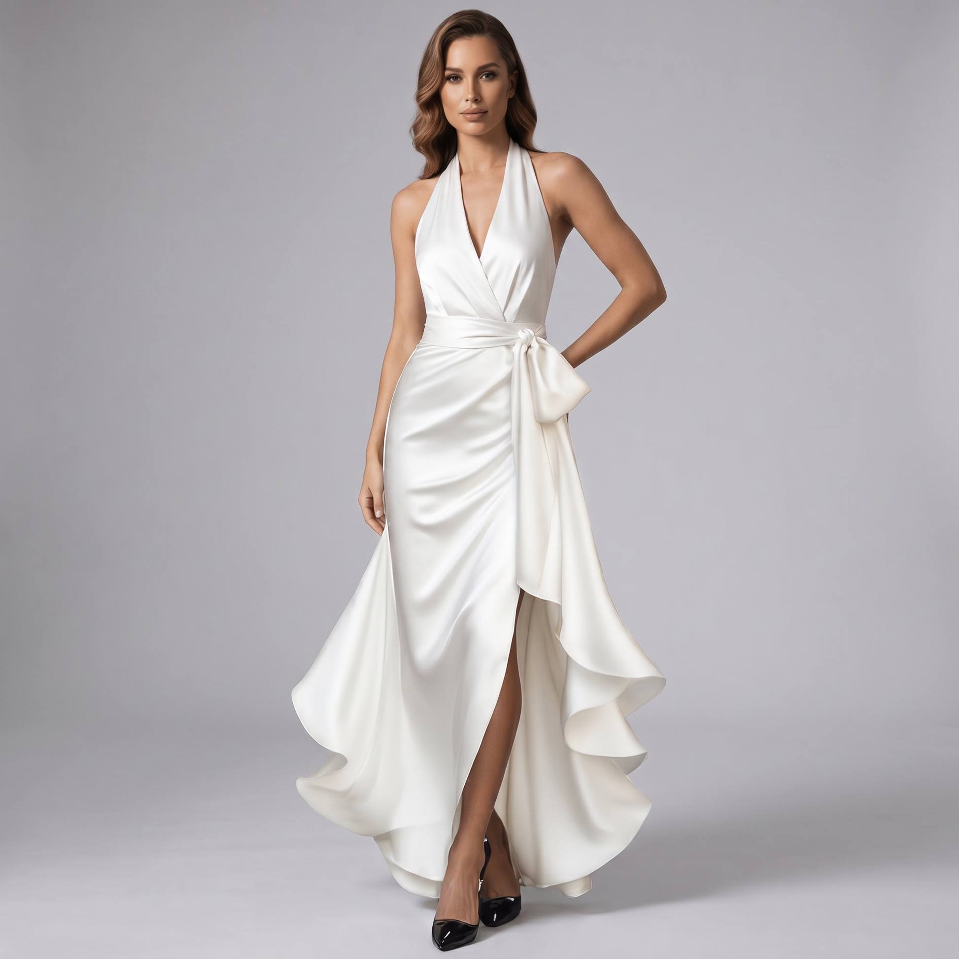 White draped halter wrap gown with knot at waist and high-low ruffle hem