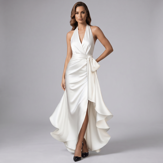 White draped halter wrap gown with knot at waist and high-low ruffle hem
