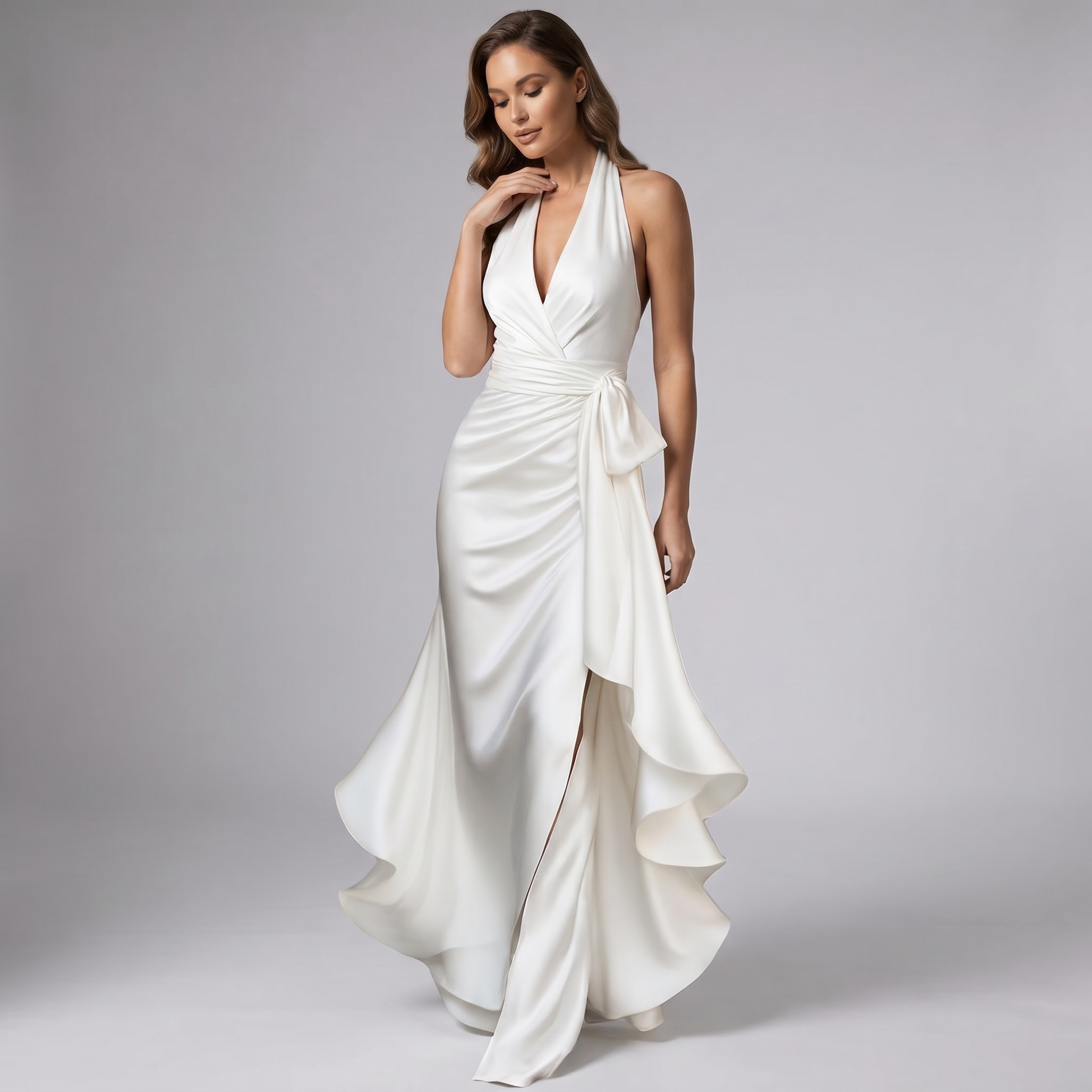 White V-neck halter wrap gown with gathered waist knot and asymmetrical ruffle hem