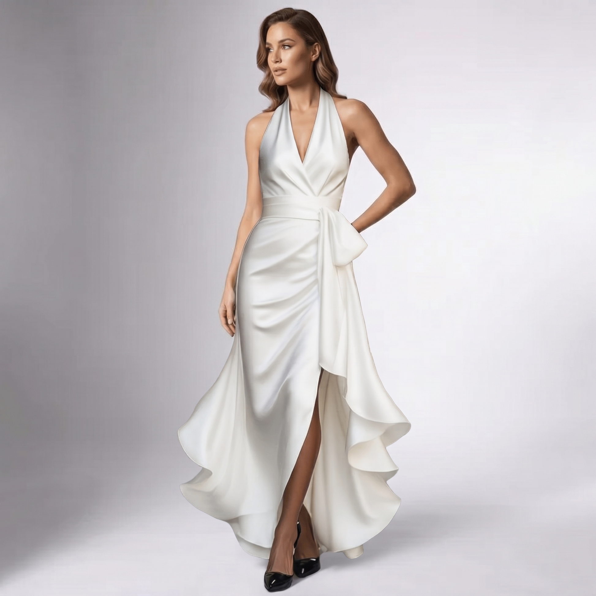 White draped halter wrap gown with waist tie, slit detail, and layered skirt hem